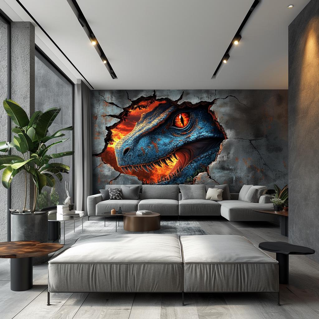 3D Dinosaur wall mural of a blue raptor with fiery eyes emerging through cracked wall in a stylish living room.