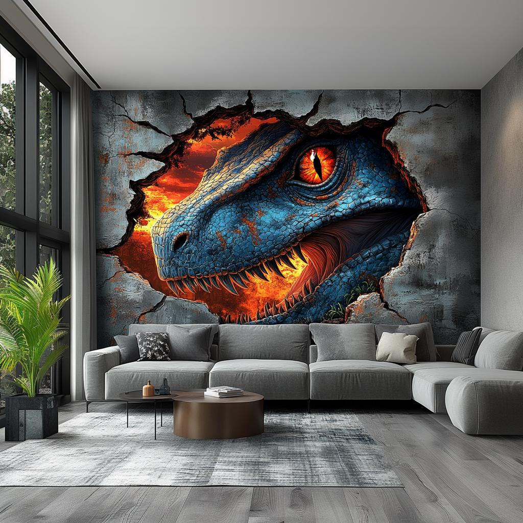 3D wall mural of a blue raptor breaking through a wall, adding a fierce Jurassic theme to living room decor.