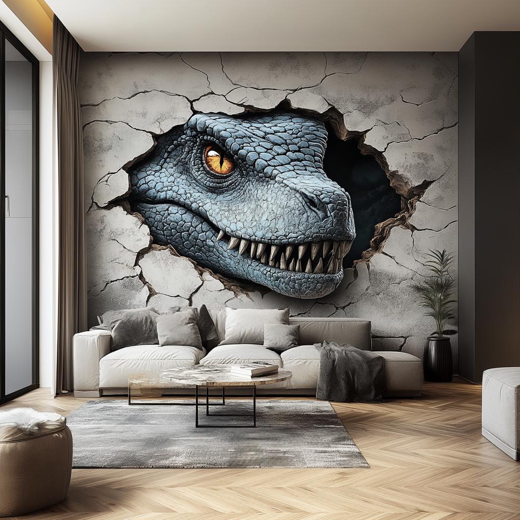 3D Dinosaur wall mural featuring a realistic blue raptor breaking through a cracked wall in a modern living room.