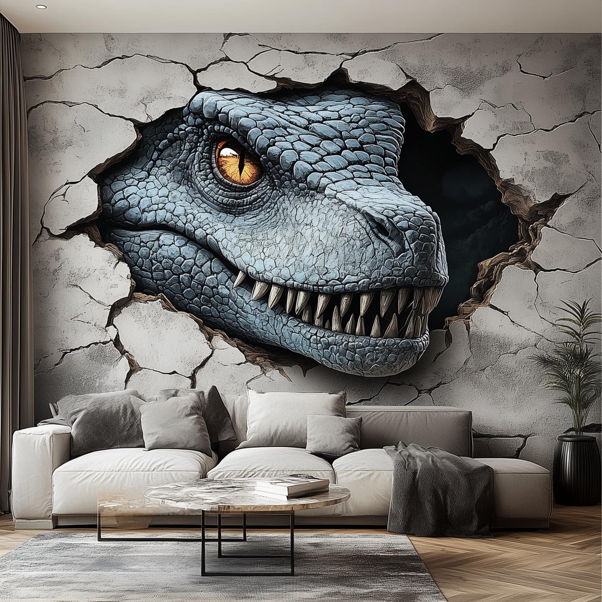 3D Dinosaur Wall Mural | Realistic Blue Raptor Wall Decal | Jurassic Room Decor | Kids Dinosaur Sticker | Large Dinosaur Art for Living Room