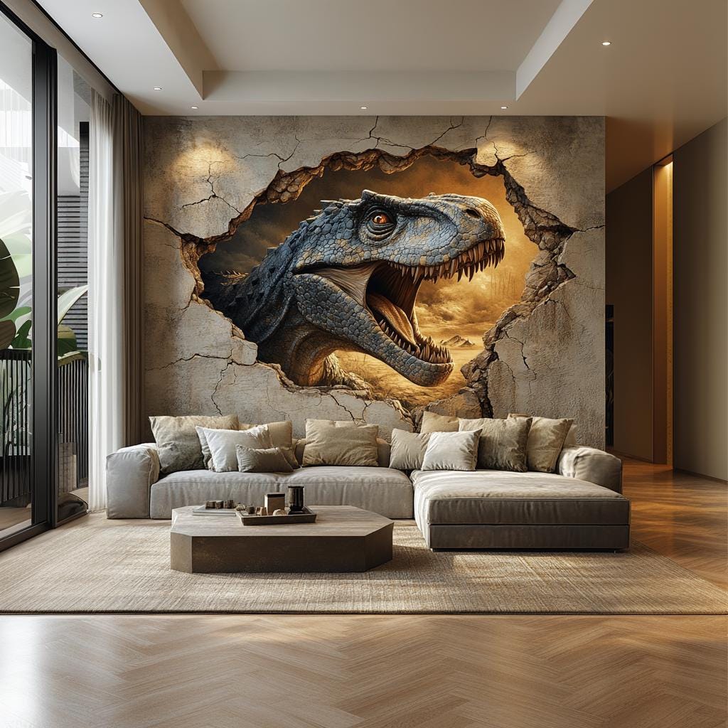 3D T-Rex dinosaur wall mural bursting through cracked wall in stylish living room decor