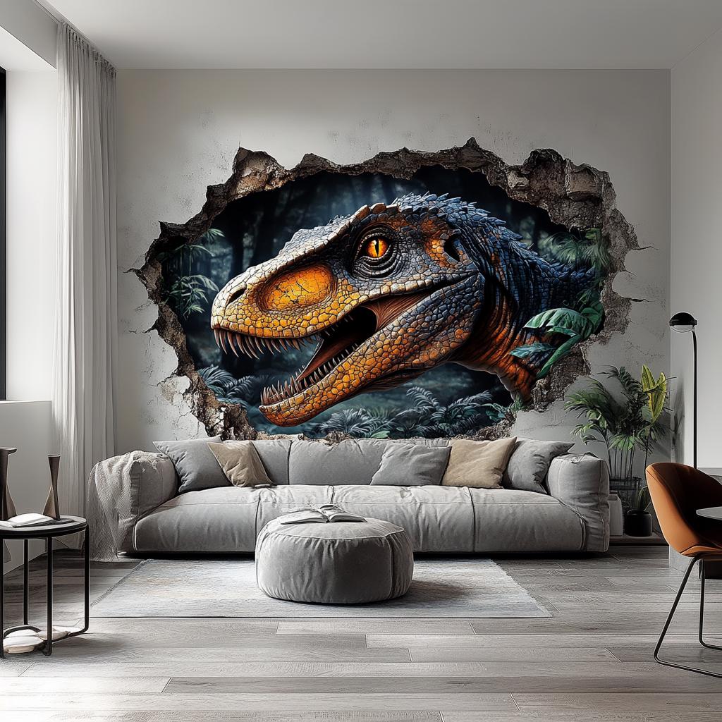 3D dinosaur wall mural of a fierce raptor bursting through a wall in a modern living room.