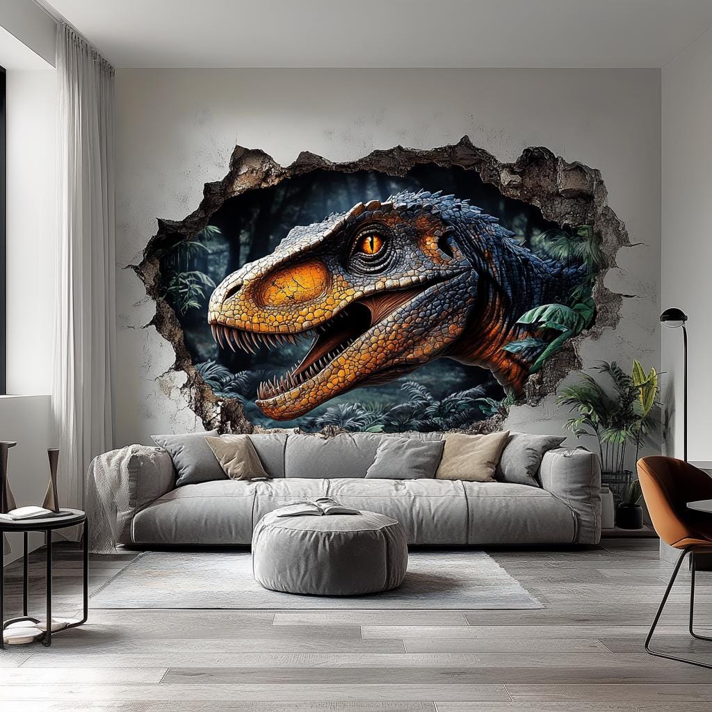 3D Dinosaur Wall Mural | Fierce Raptor Cracked Wall Decal | Jurassic Wall Art Living Room | Kids Room Decor | Dinosaur Themed Wall Sticker