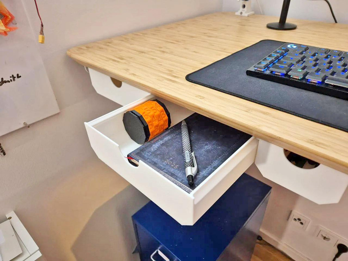 Under desk drawer organizer with minimal design, storing office supplies and gadgets, enhancing workspace efficiency.