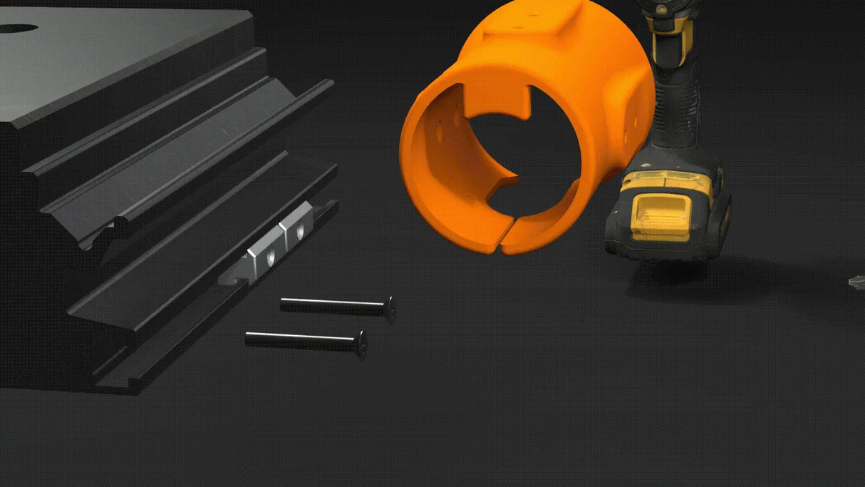 3D-printed universal cordless drill holder with mounting screws and black base for tool storage solutions.