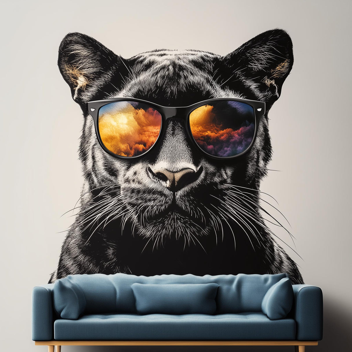 Black Panther Wall Decal | Cool Big Cat Mural with Sunglasses | Urban Jungle Vinyl Sticker | Modern Living Room Office Decor | Peel & Stick