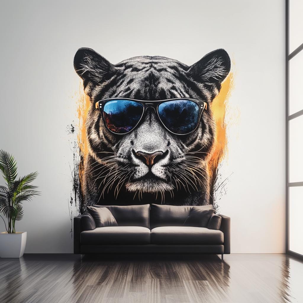 Stylish black panther wall decal with sunglasses in modern living room decor.