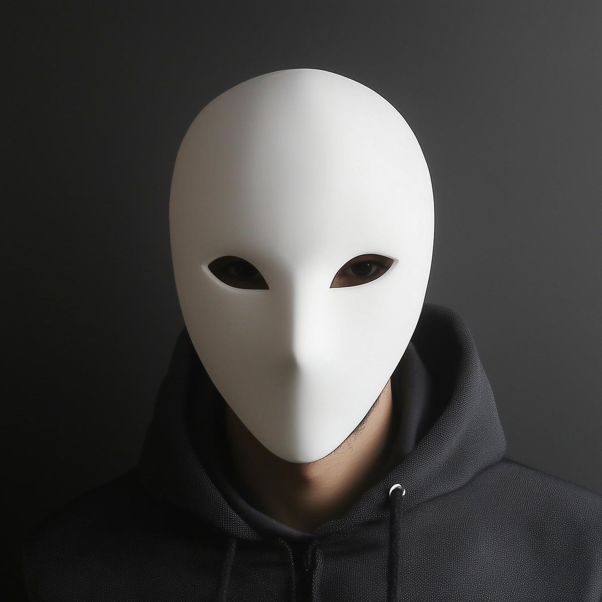 Customizable blank white face mask, perfect for cosplay and Halloween events, showcasing a minimalist design.