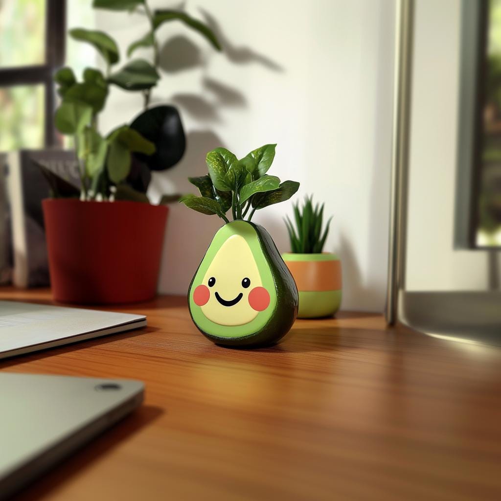 Cute avocado planter with smiley face holding small plants on a wooden desk, adding charm to home decor.