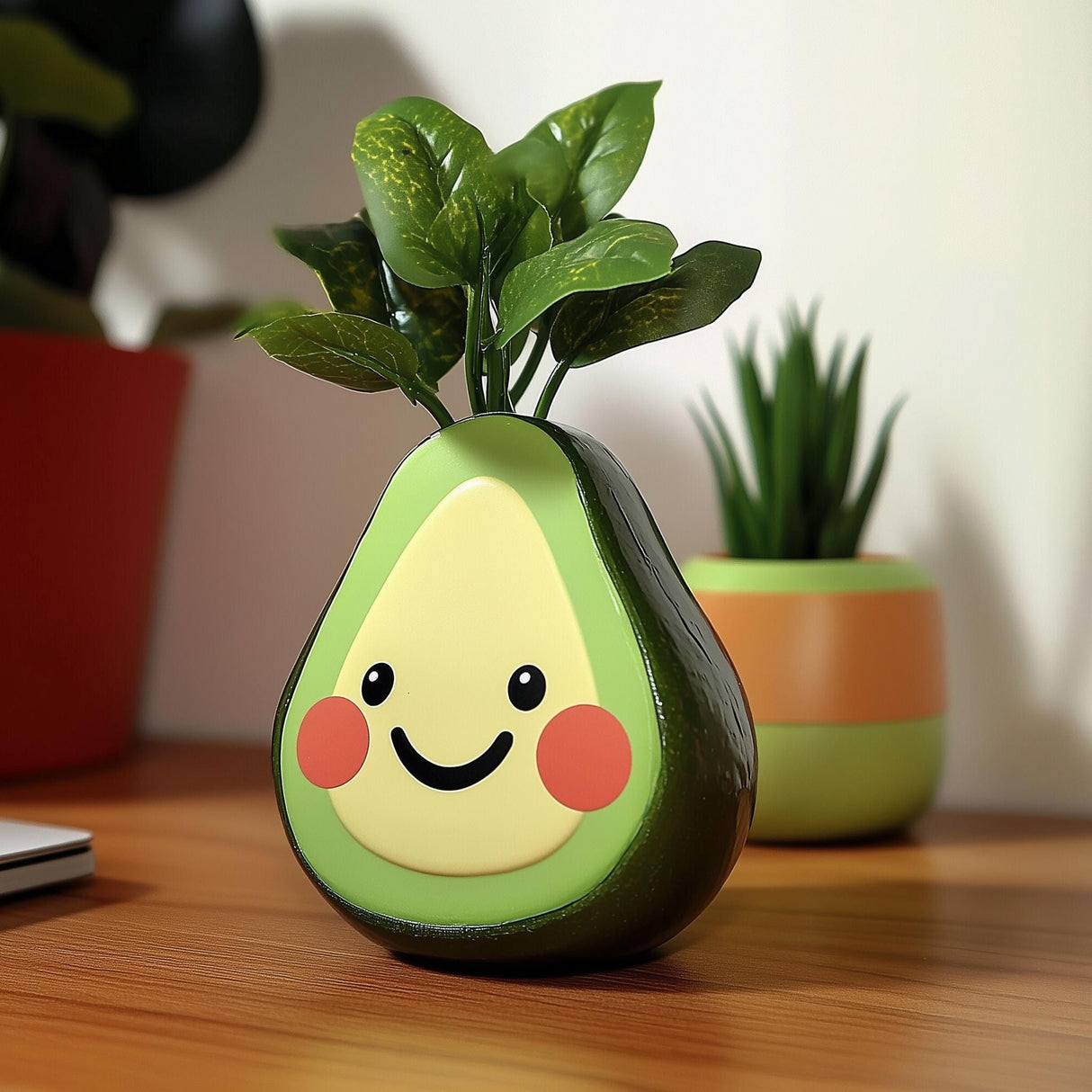 Cute avocado planter with smiley face, perfect for indoor succulents and whimsical home decor.