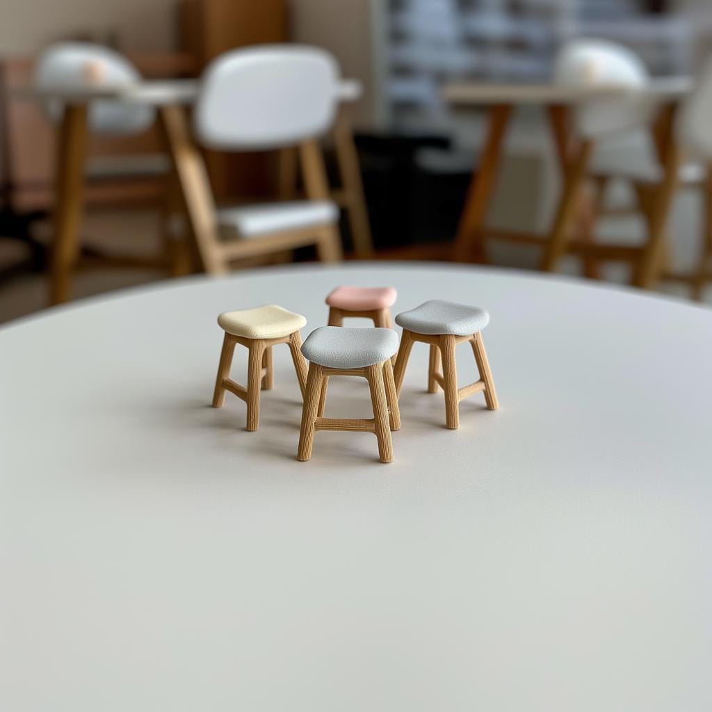 Four colorful miniature stools on a round table, perfect for 1:12 scale dollhouses and decor.