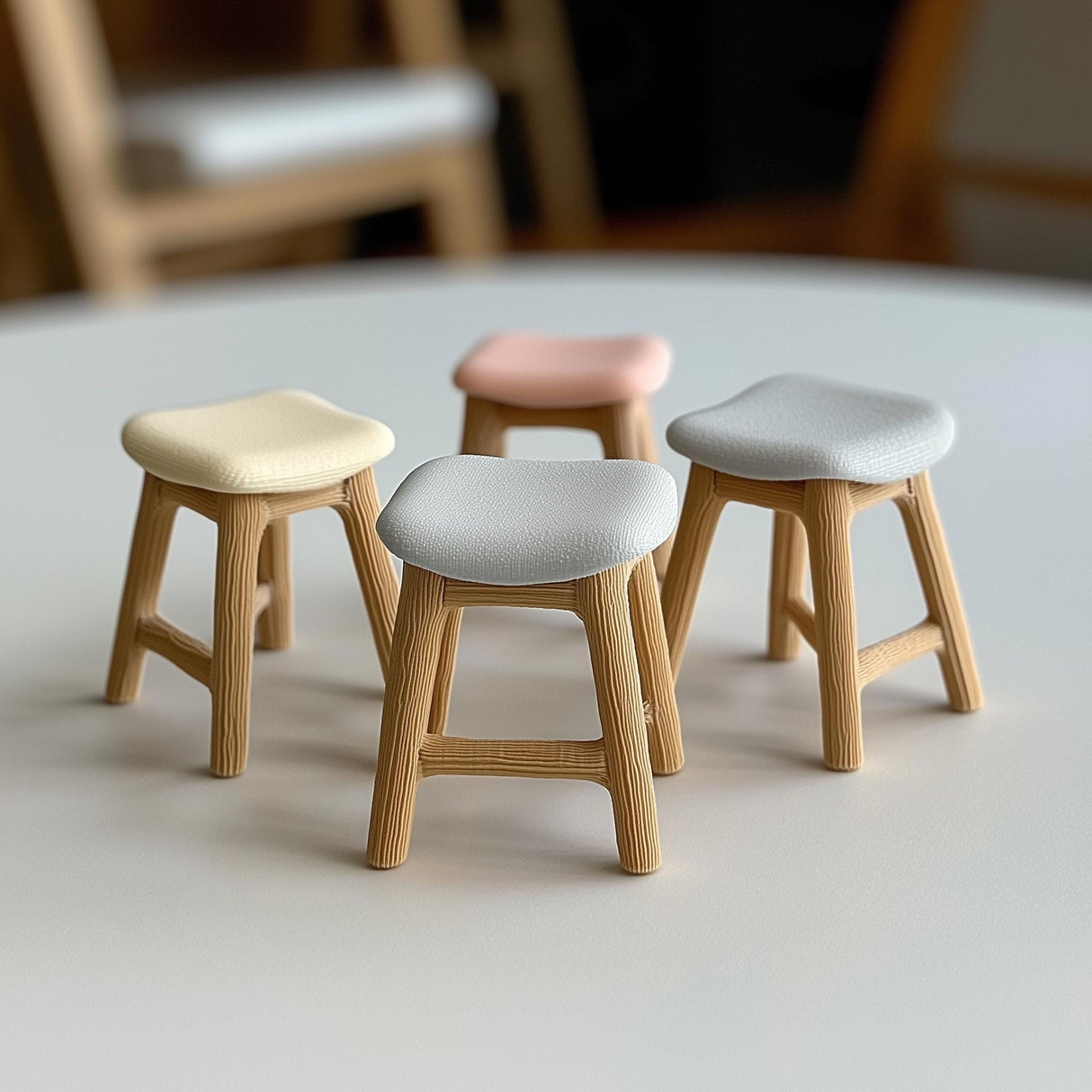 Four colorful miniature stools in 1:12 scale, featuring wood-like bases and smooth cushioned seats, ideal for dollhouse decor.