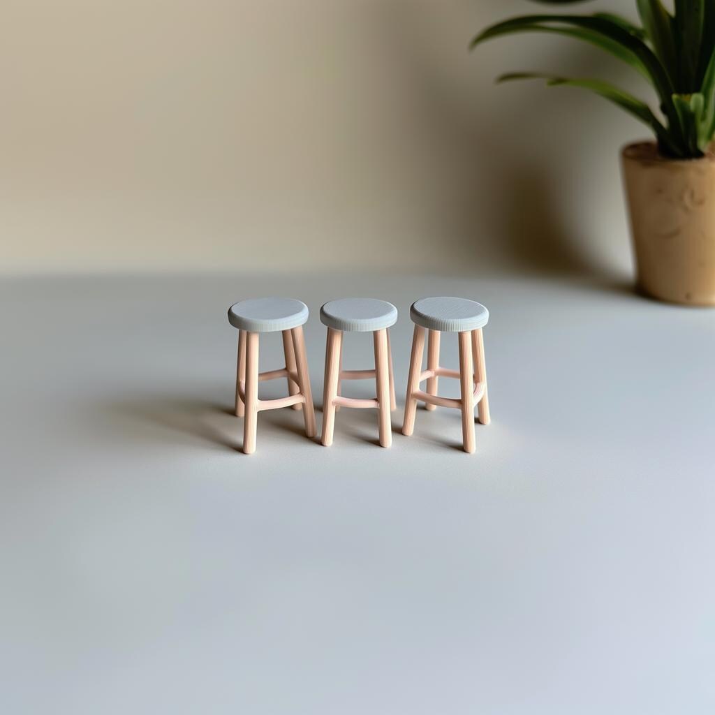 Set of three 3D printed miniature bar stools for dollhouses, featuring slim legs and round seats in 1:12 scale.