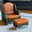 1:12 scale dollhouse armchair and ottoman in orange and green, modern miniature furniture for dollhouse living room decor.