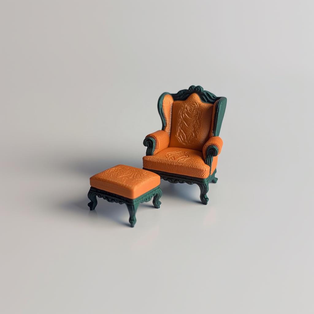 Baroque-style miniature armchair and ottoman set in orange and green, perfect for 1:12 scale dollhouse decor.