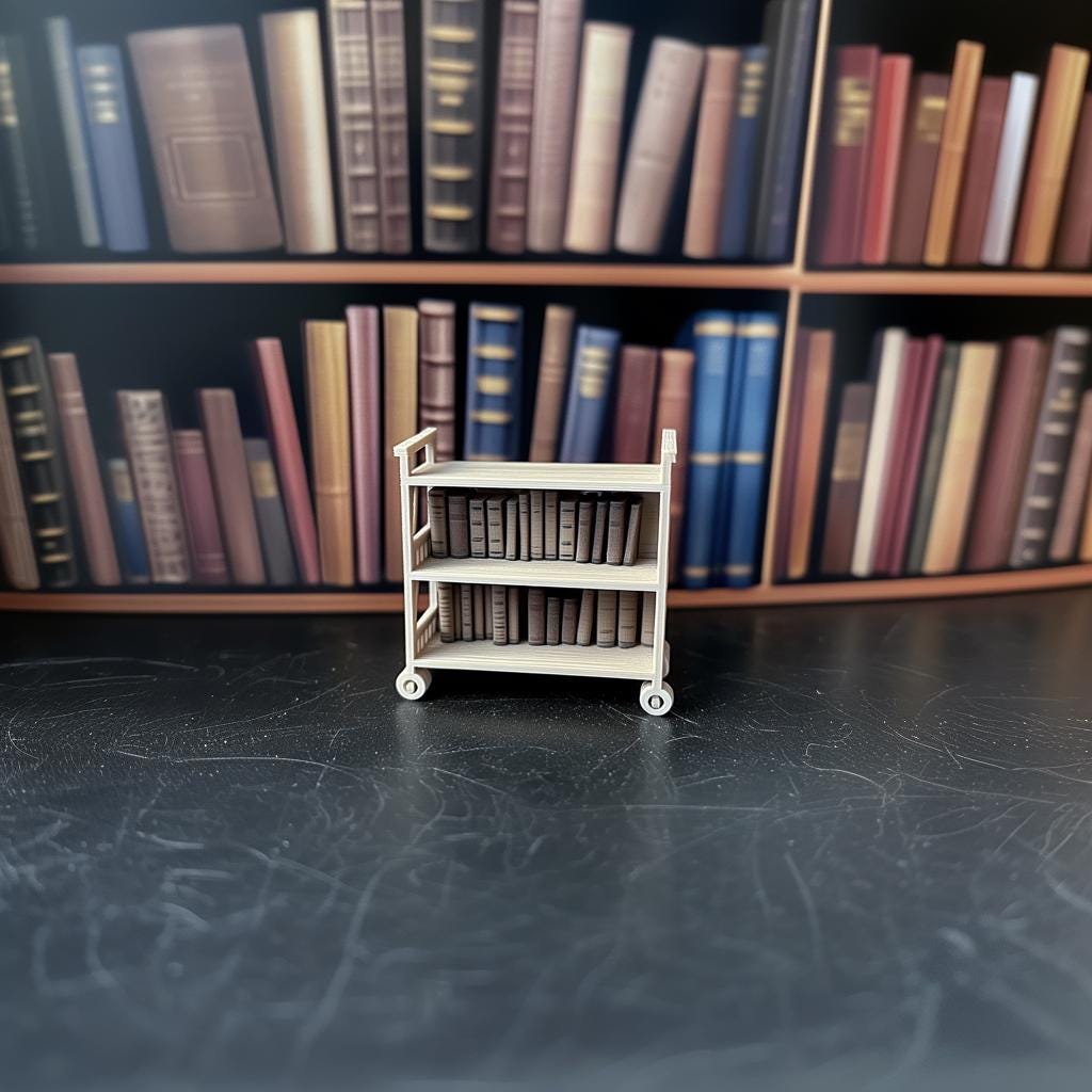 1:12 scale miniature library cart with books in front of a bookshelf background, perfect for dollhouse furniture.