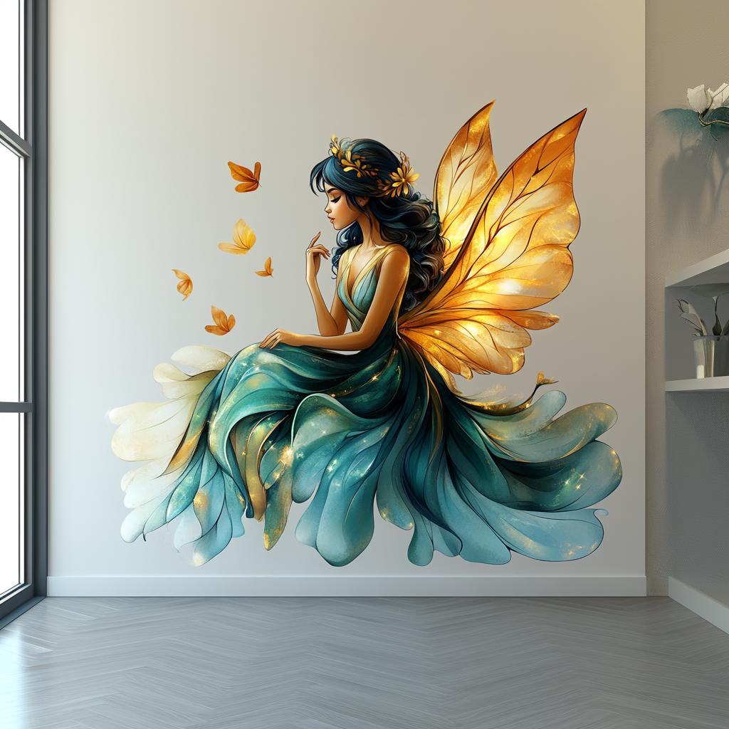Enchanting fairy wall decal with glowing butterfly wings, teal dress, and a whimsical ambiance for bedroom decor.