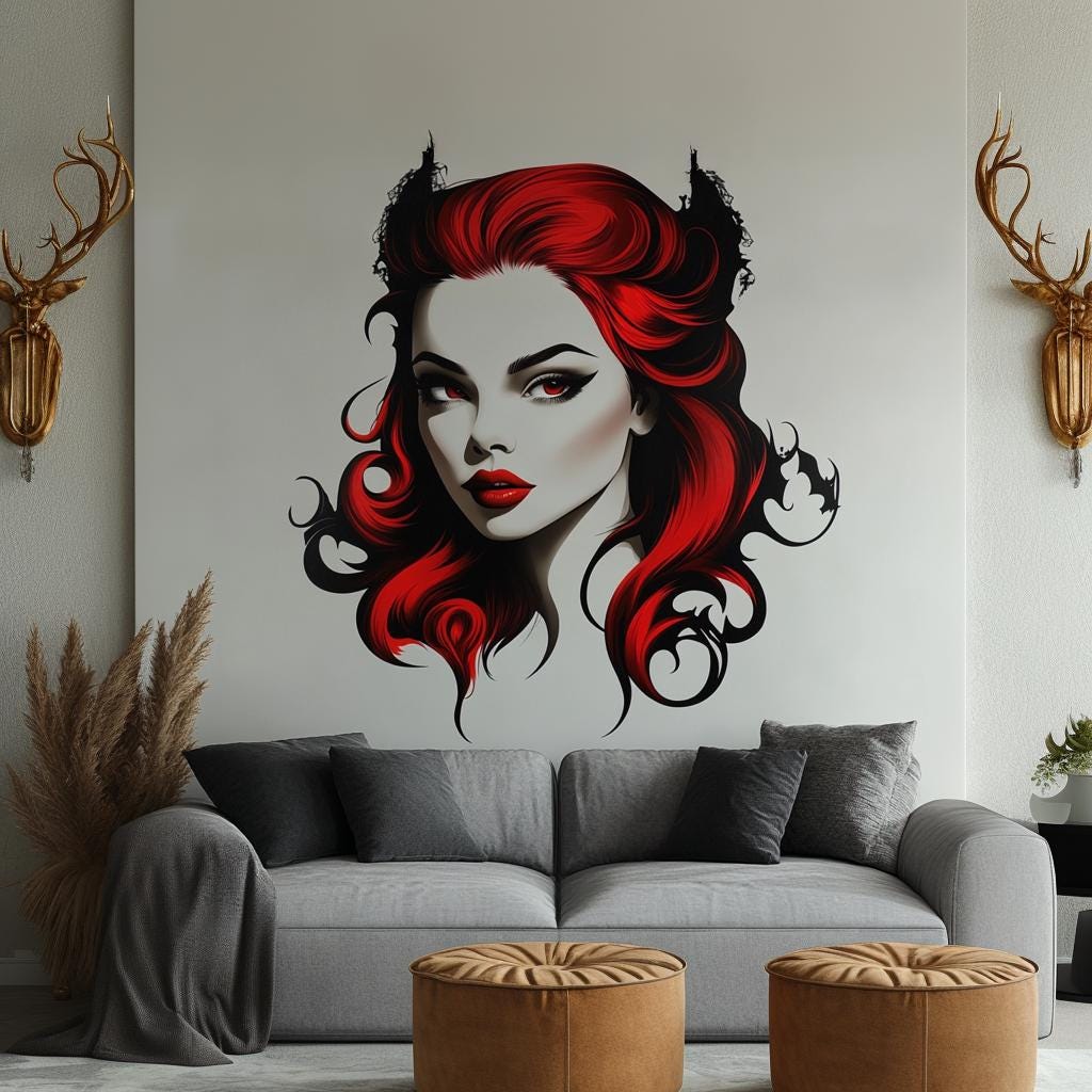 Gothic vampire wall decal featuring a red-haired woman with bat wings, perfect for dark fantasy decor.