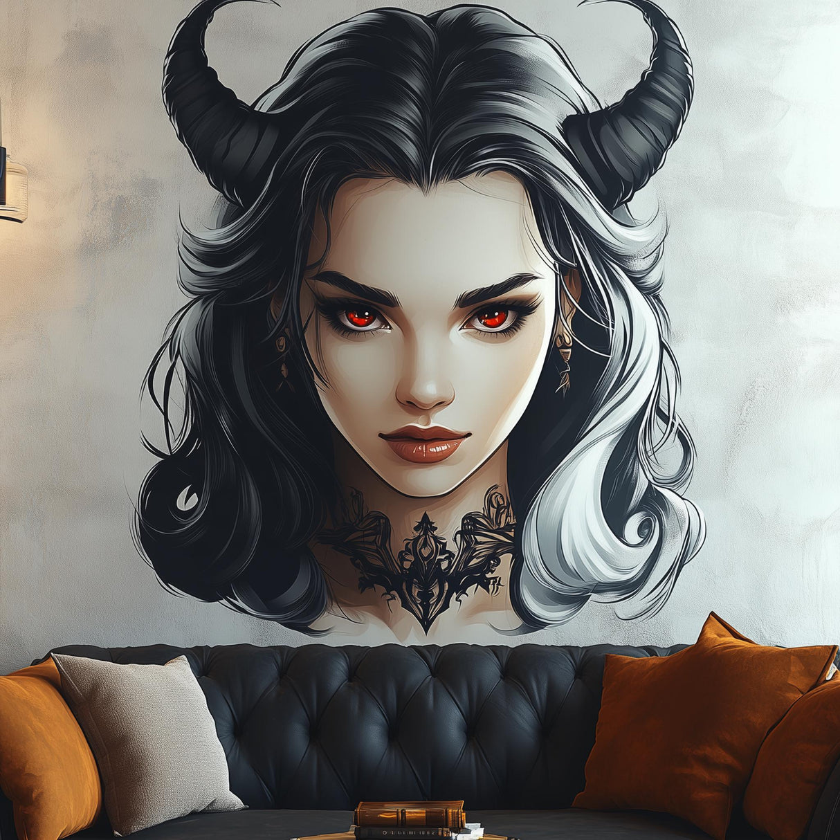 Dark Gothic Demon Woman Wall Decal | Horned Succubus Vinyl Sticker | Fantasy Aesthetic Wall Mural | Anime Gothic Art Alternative Home Decor