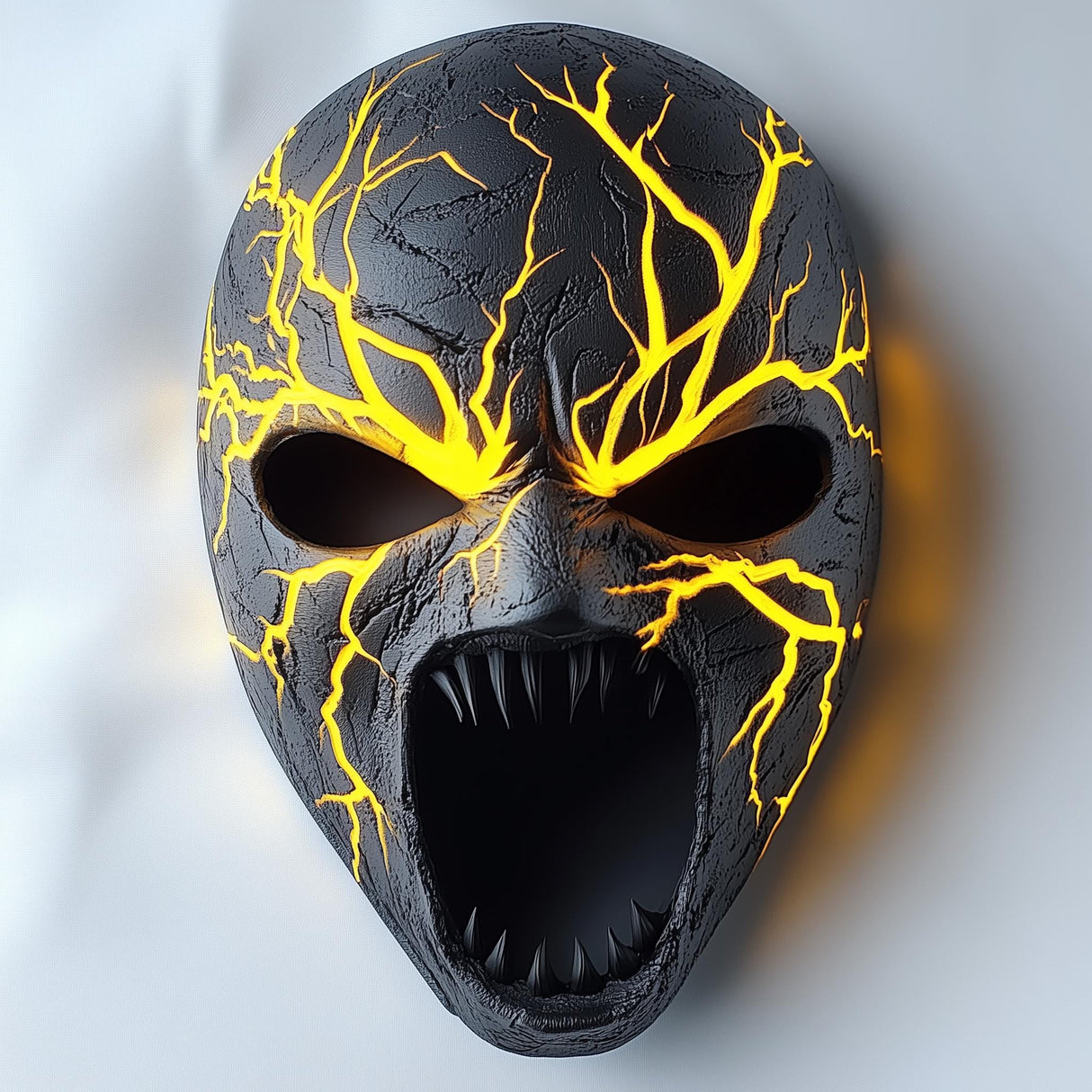 3D-printed horror mask with cracked stone texture and lightning veins, perfect for Halloween and cosplay.