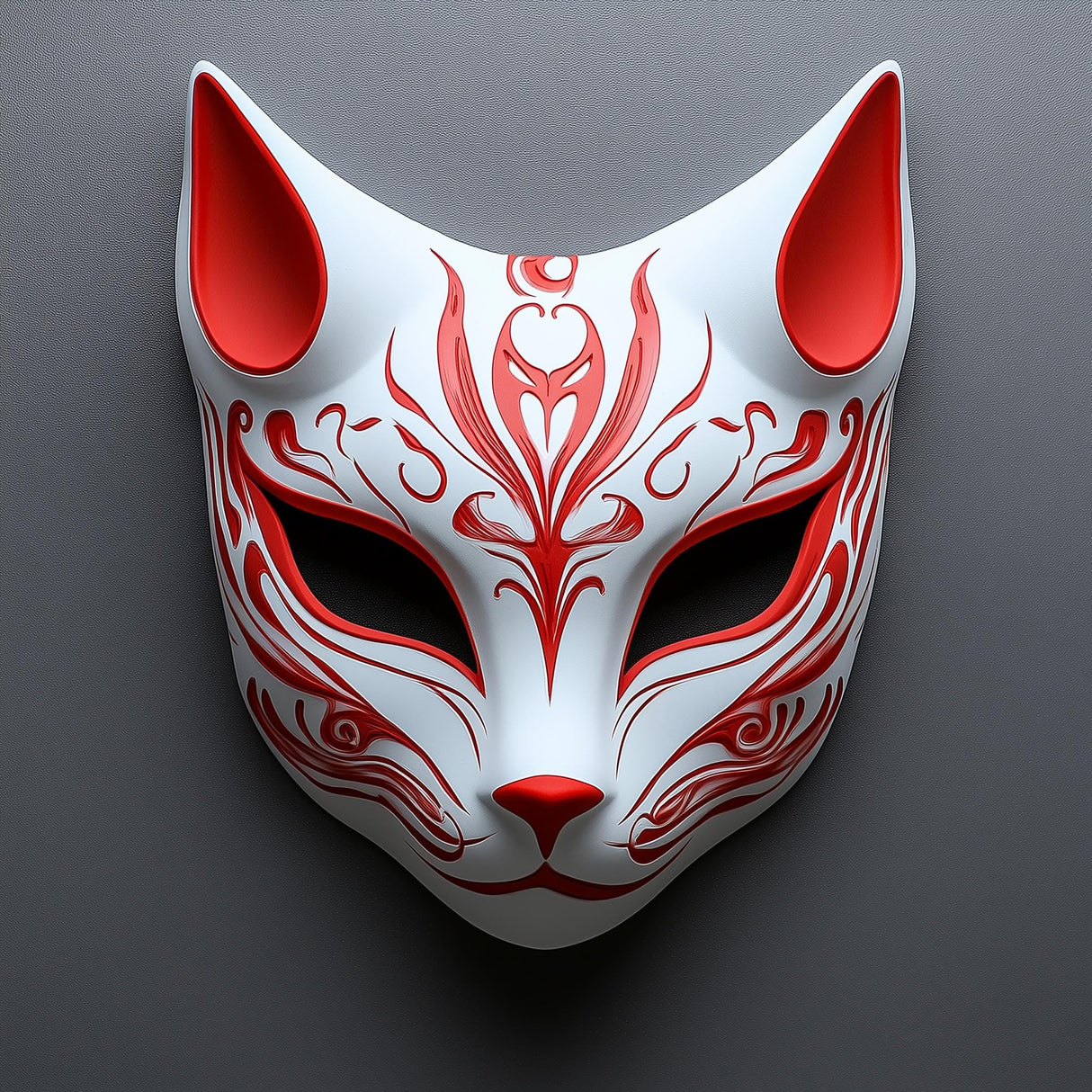 3D-printed red fox mask with intricate designs, perfect for cosplay, festivals, and inspired by Japanese mythology.