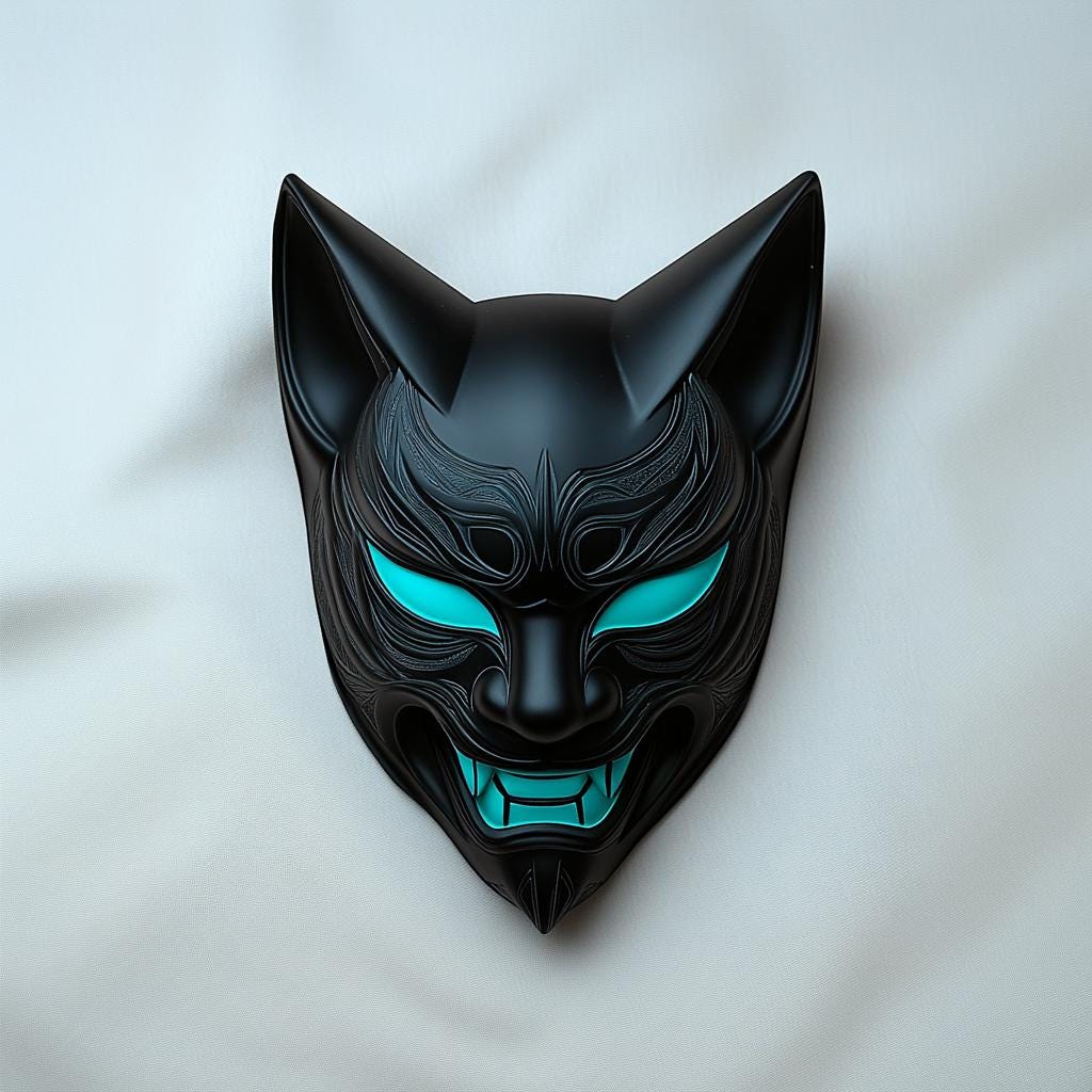 Cyberpunk black fox mask featuring glowing teal accents, inspired by Japanese folklore and samurai aesthetics.