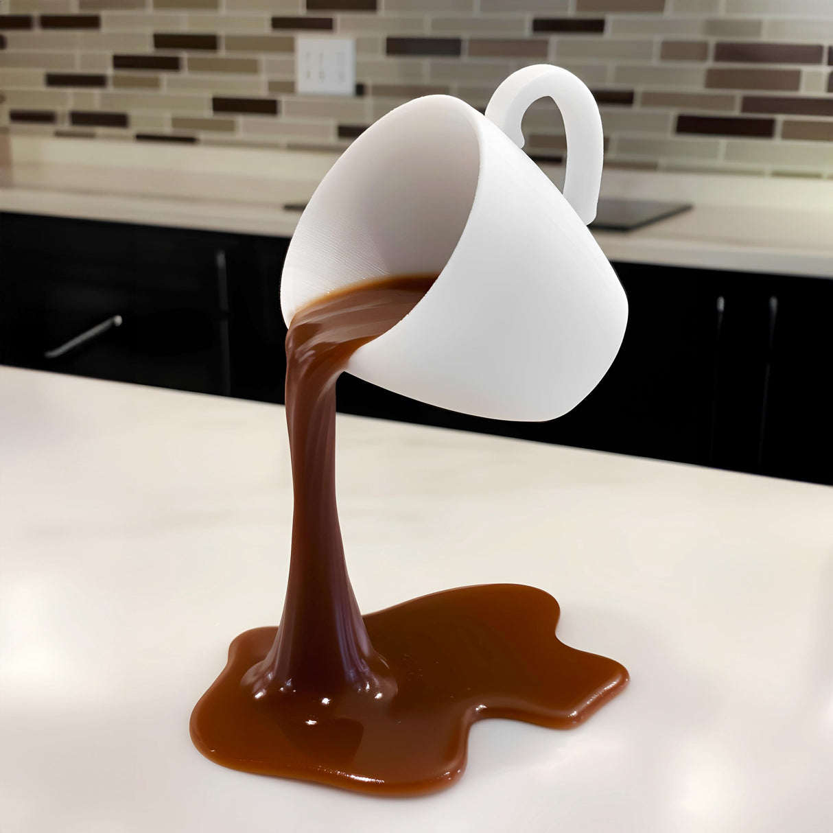 3D printed floating coffee cup sculpture pouring coffee, kitchen decor, unique optical illusion for coffee lovers.