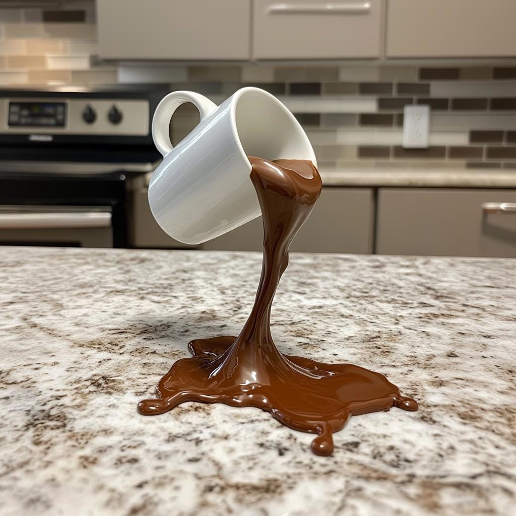 3D printed floating spilling coffee cup sculpture on a kitchen countertop