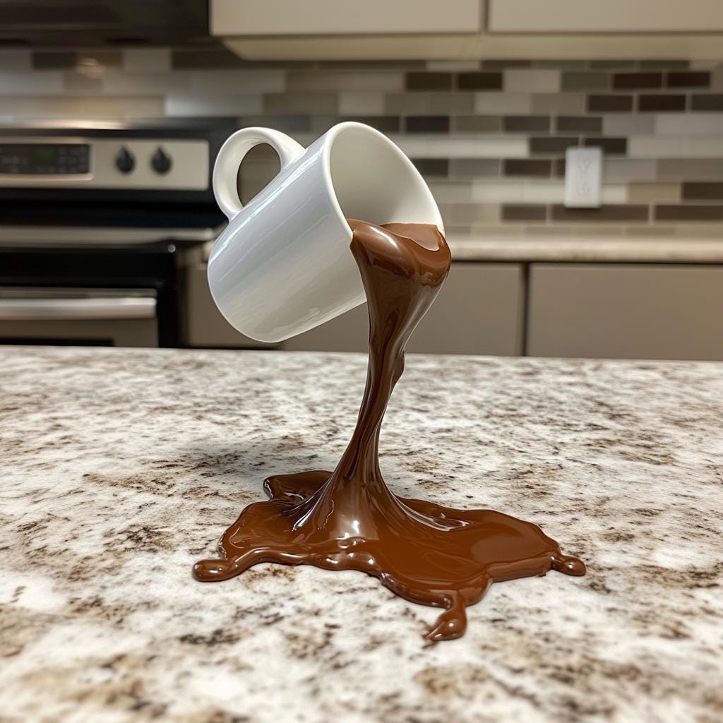 3D printed floating spilling coffee cup sculpture pouring chocolate on granite countertop