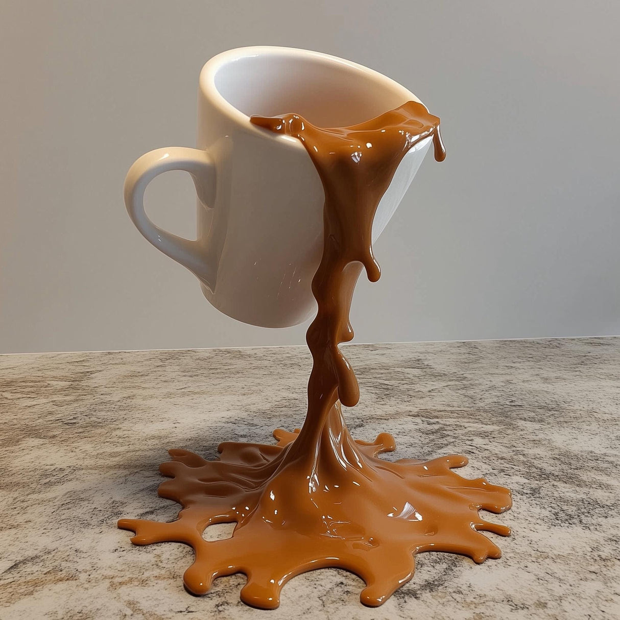 3D printed floating spilling coffee cup sculpture creating an optical illusion effect for unique kitchen decor.