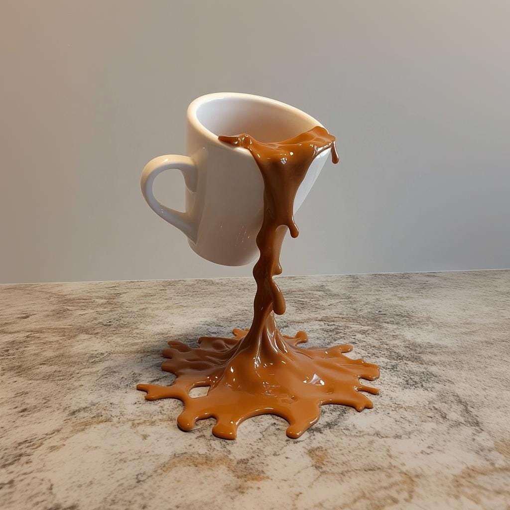 3D printed floating coffee cup illusion sculpture with spilling coffee on the table, perfect for unique kitchen decor.