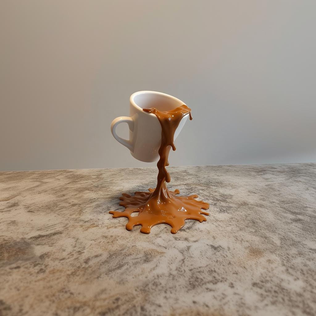 Floating coffee cup sculpture with spilling coffee illusion on a textured surface.