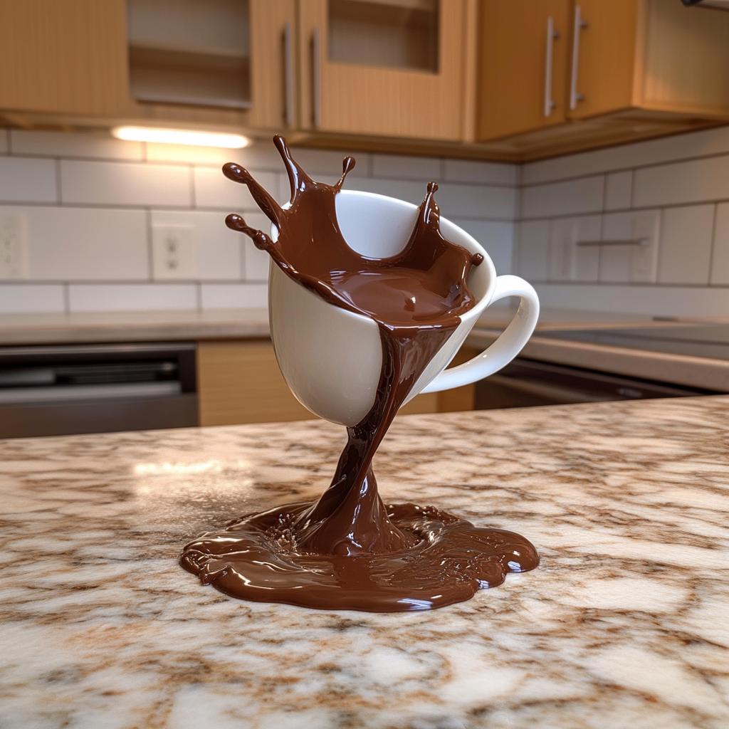 3D printed coffee cup sculpture with chocolate splash effect on marble countertop, unique desk decor.