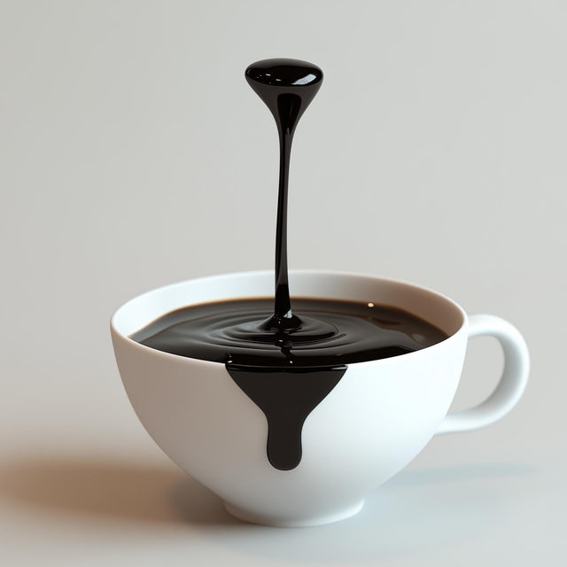 3D printed floating coffee drop sculpture in a white cup, showcasing an optical illusion of coffee dripping.