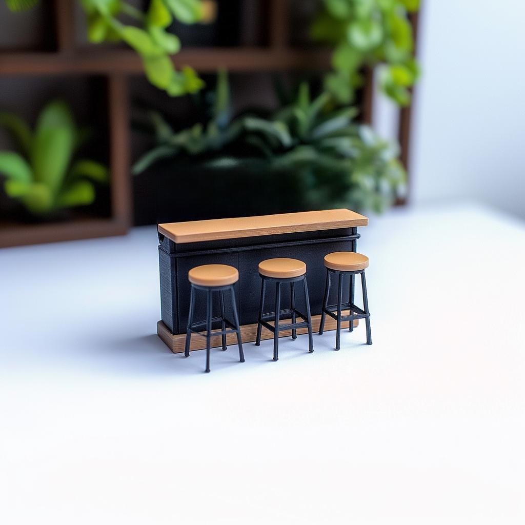 Miniature bar counter set with three stools, 1:12 scale dollhouse furniture for modern decor and diorama scenes.