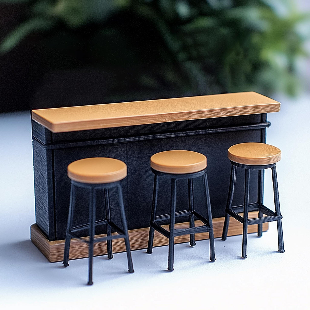Miniature bar counter set with three stools for dollhouse decor, featuring a modern design and realistic details.