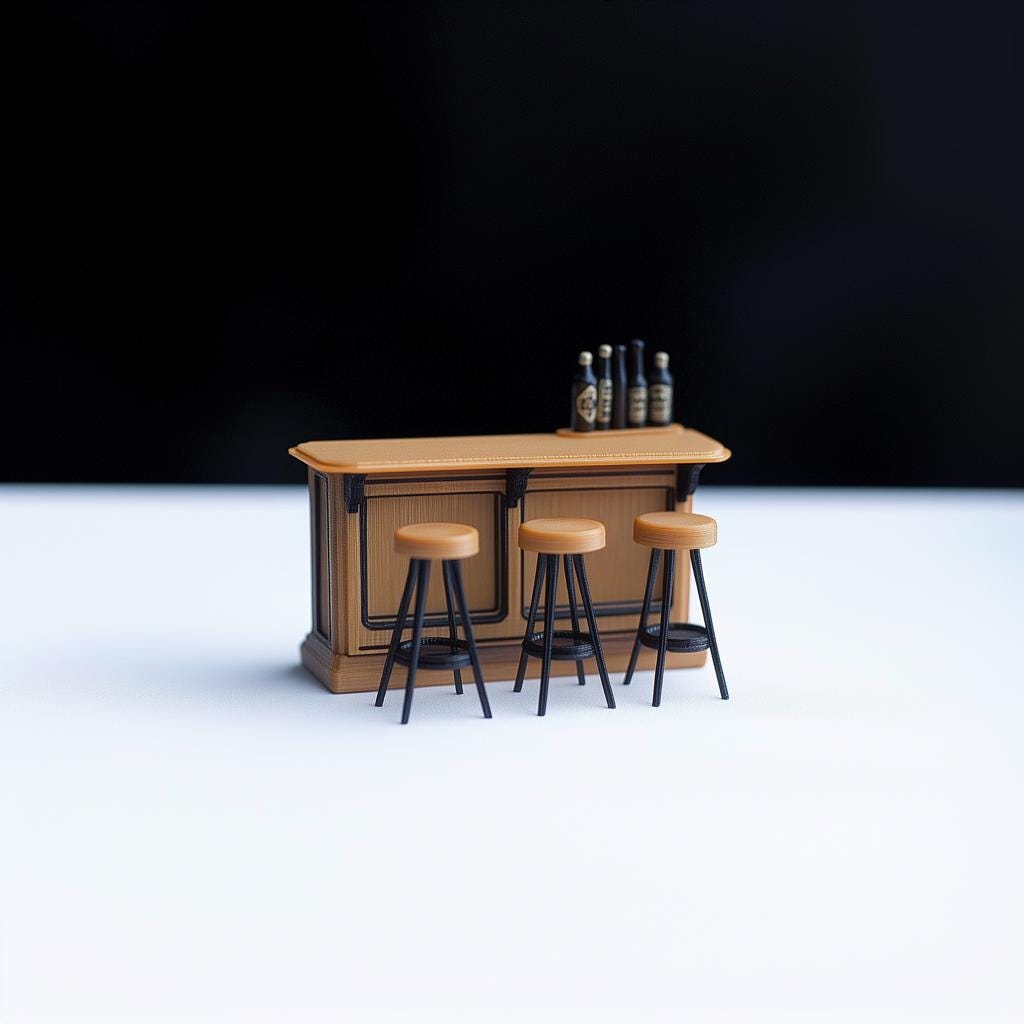 Miniature bar counter set with three stools, perfect for 1:12 scale dollhouse dioramas and modern mini bar scenes.