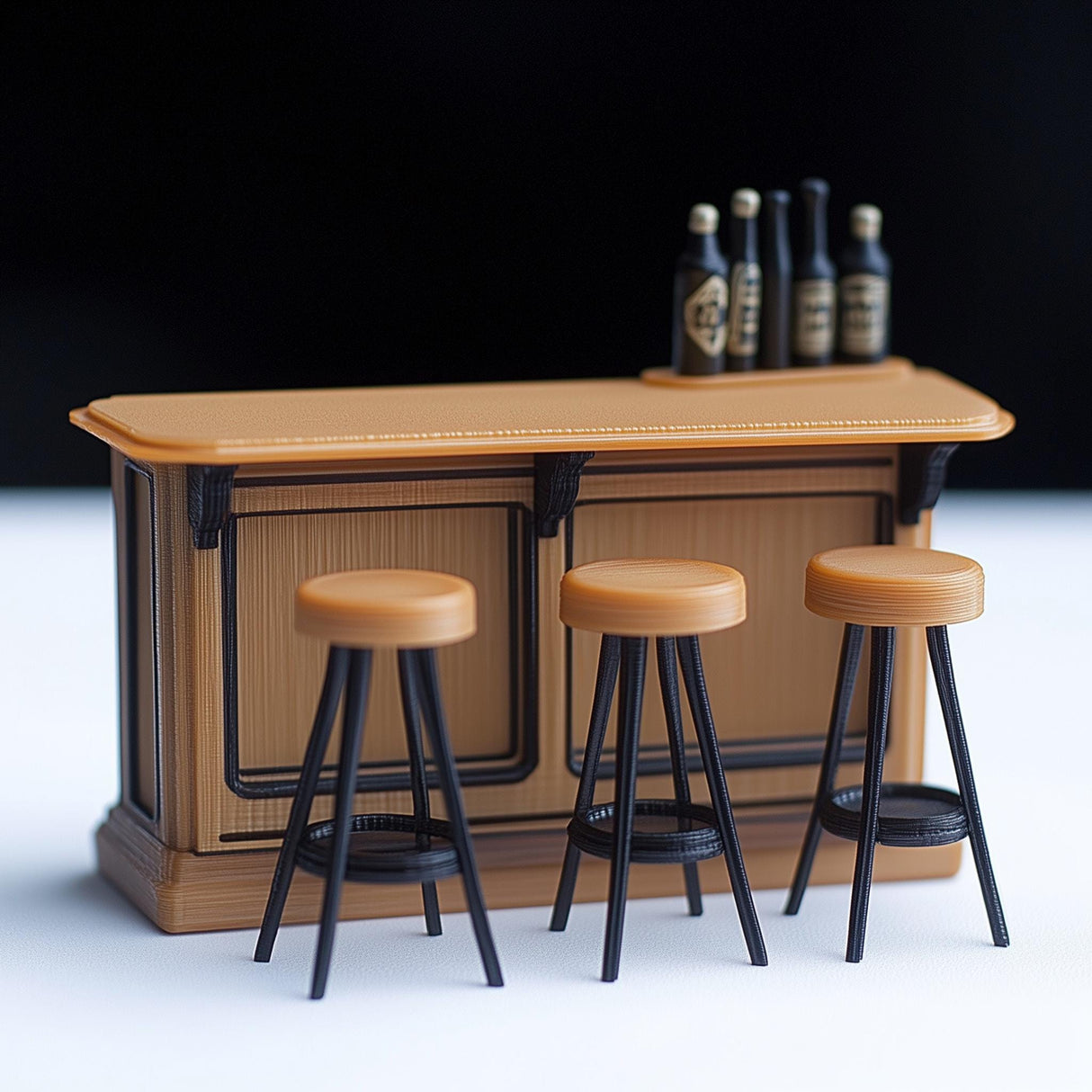 Miniature bar counter set with three stools, perfect for dollhouse pub scenes and dioramas.