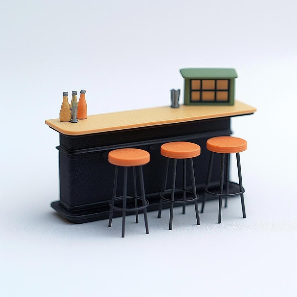 Miniature bar counter set with orange stools, ideal for dollhouses and miniature scenes.
