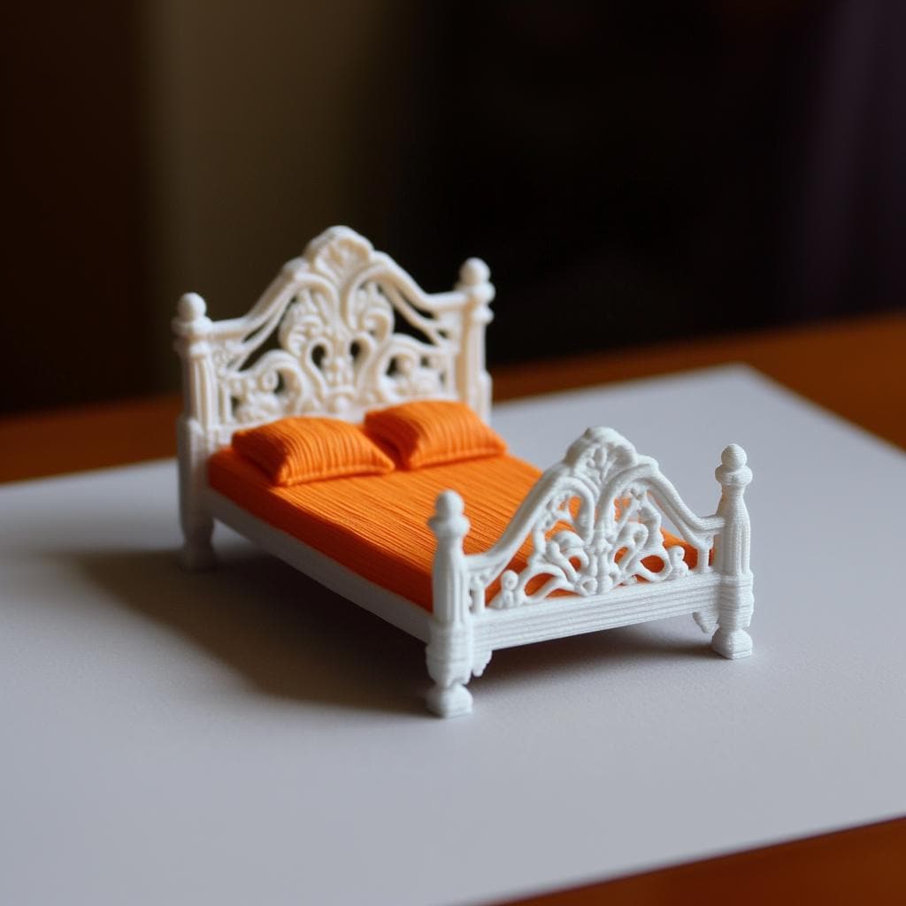 3D-printed white French-style double bed with orange bedding for 1:12 scale dollhouse decor.