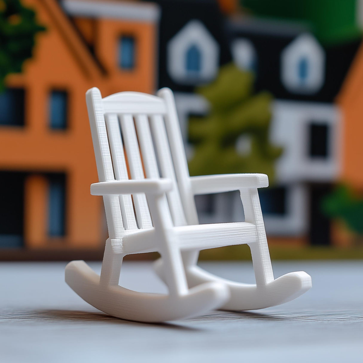 Miniature white rocking chair for dollhouses, crafted in 3D printed plastic with a classic slatted design.