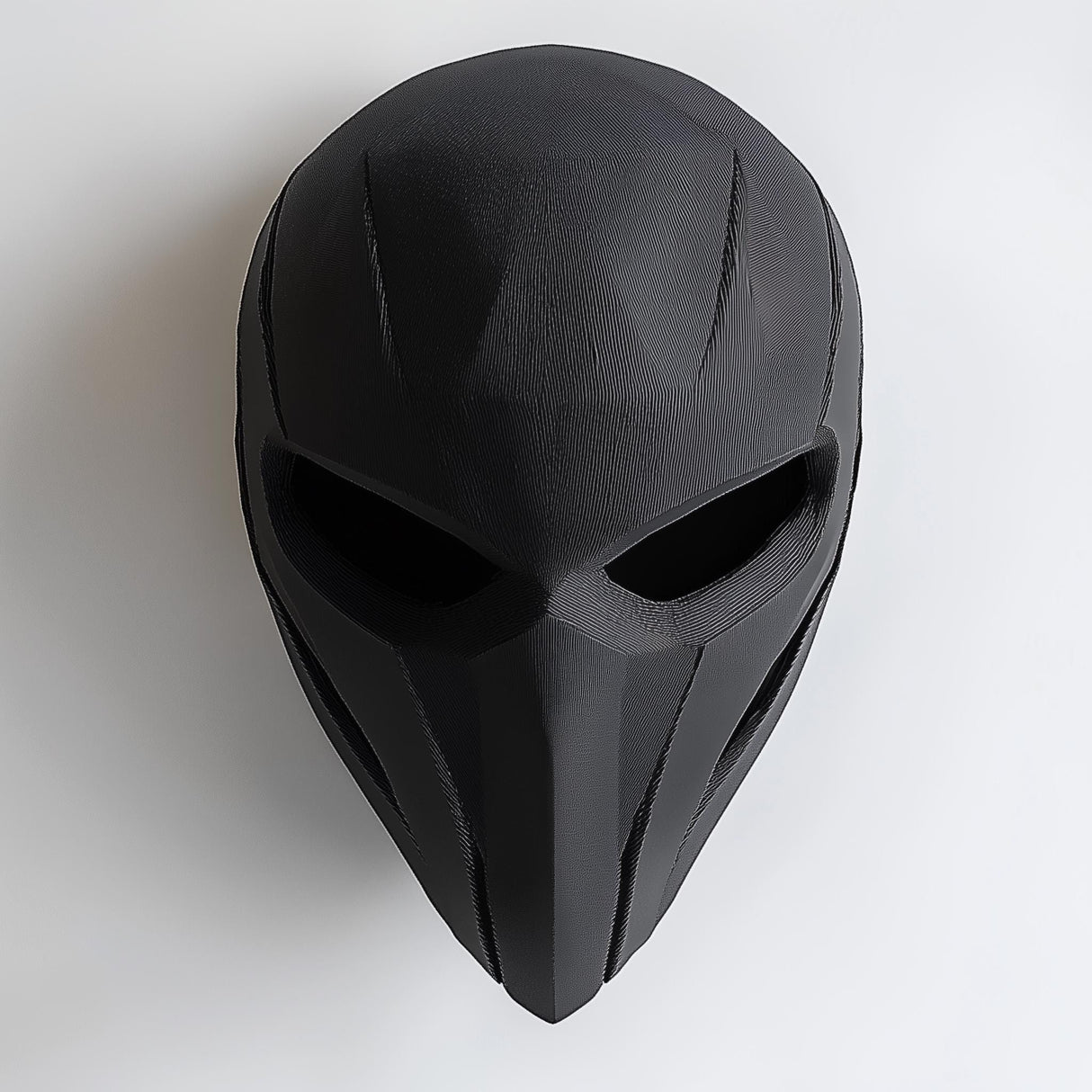 3D-printed supervillain mask with a sleek, menacing design, perfect for tactical cosplay and Halloween.