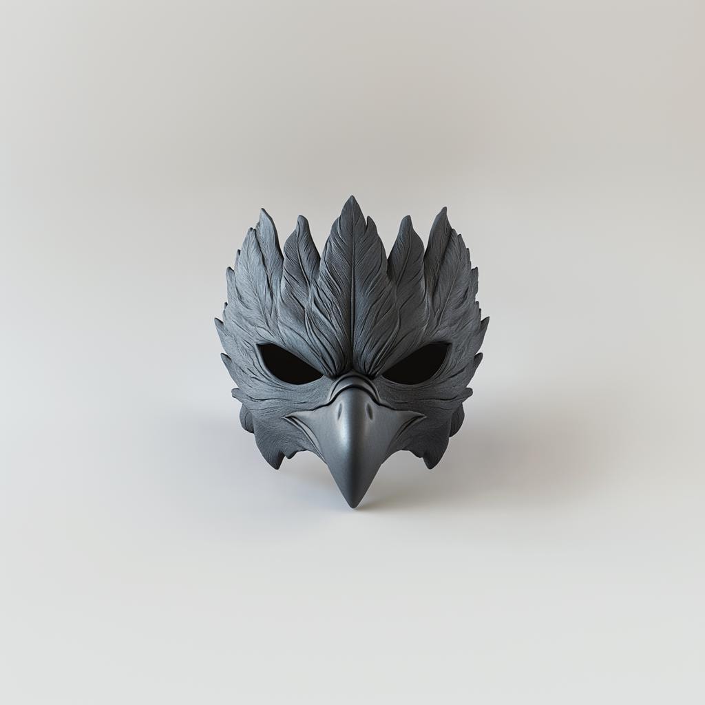 3D-printed black raven mask with detailed feathers and a sharp beak, ideal for cosplay and Halloween.