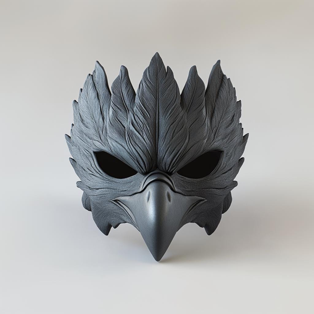 Black raven mask with feathered design and prominent beak for cosplay, Halloween, and fantasy events.