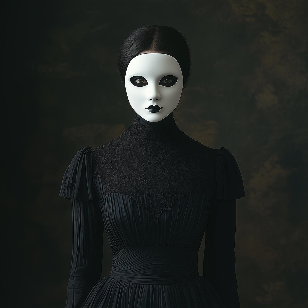 Gothic phantom mask worn by a model in elegant black attire, showcasing a haunting and minimalist design.
