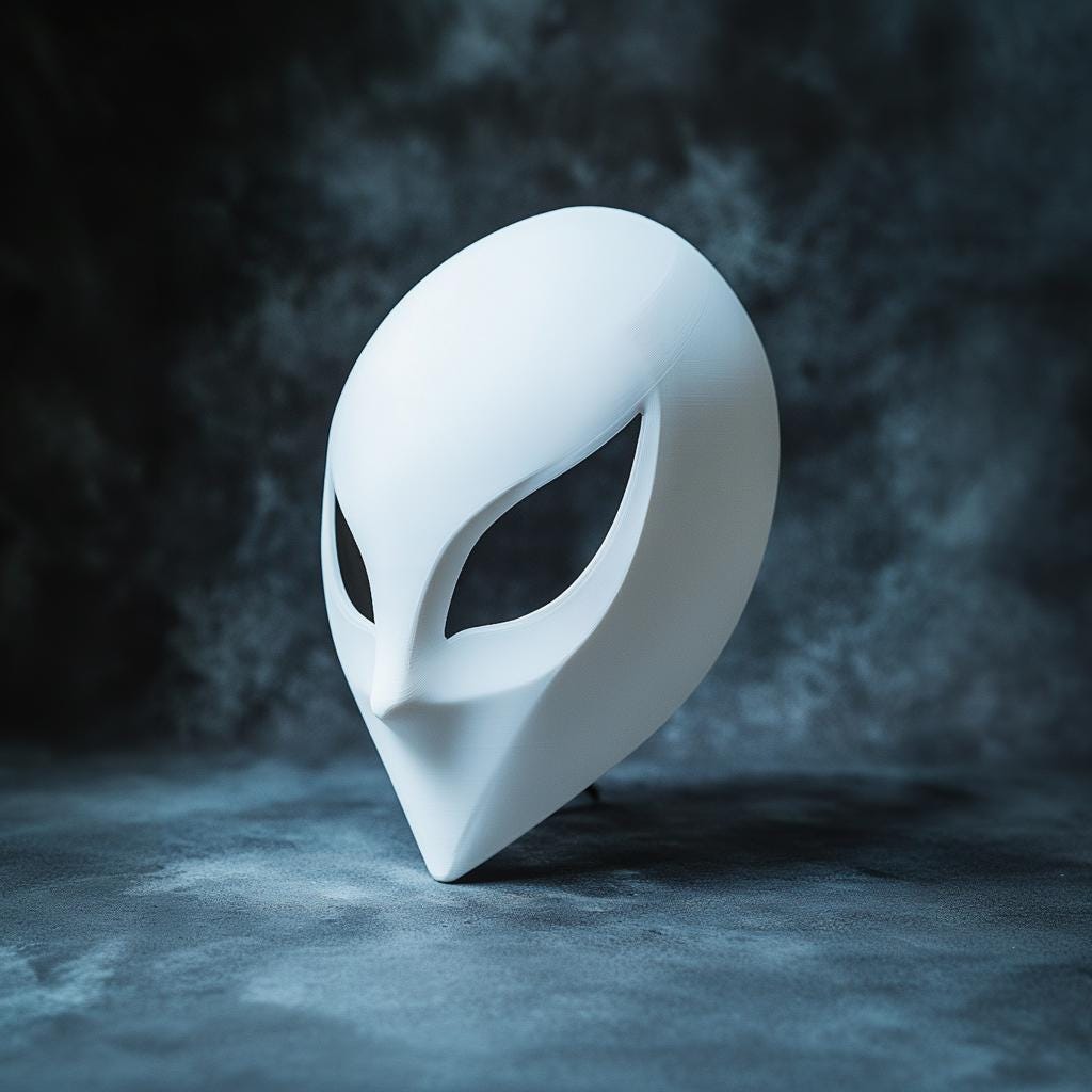 3D printed alien mask in white, featuring minimalist sci-fi design, ideal for cosplay and theatrical performances.