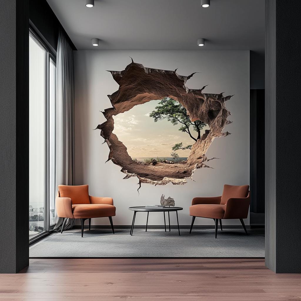 3D cracked wall decal featuring a serene outdoor landscape, creating an optical illusion in a modern living room.