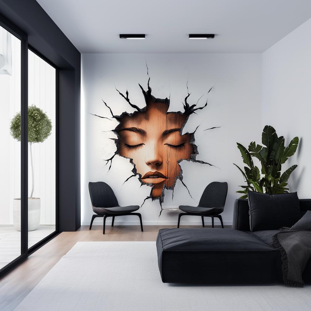 3D cracked wall face decal in modern living room, featuring a hyper-realistic female face emerging from a wall.