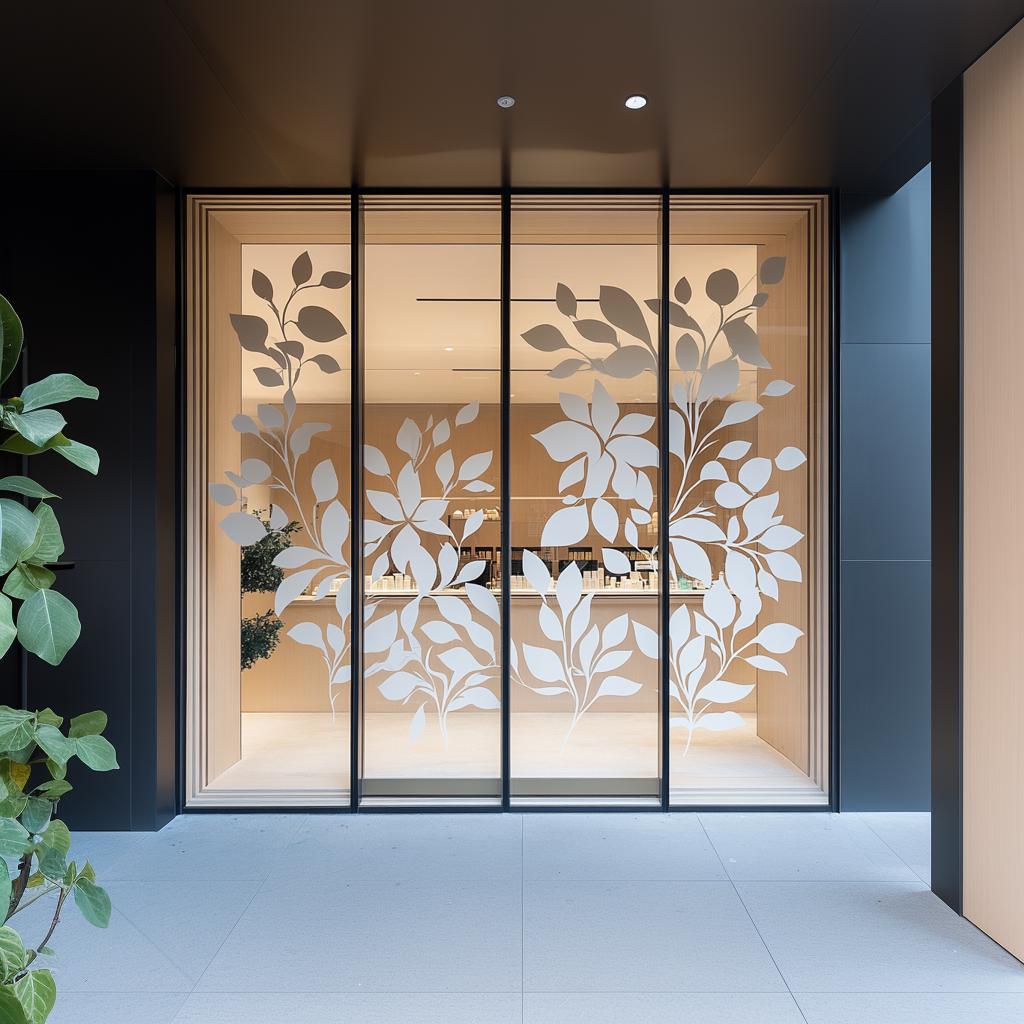 White botanical window decal featuring large leaf design, enhancing storefront elegance and privacy.