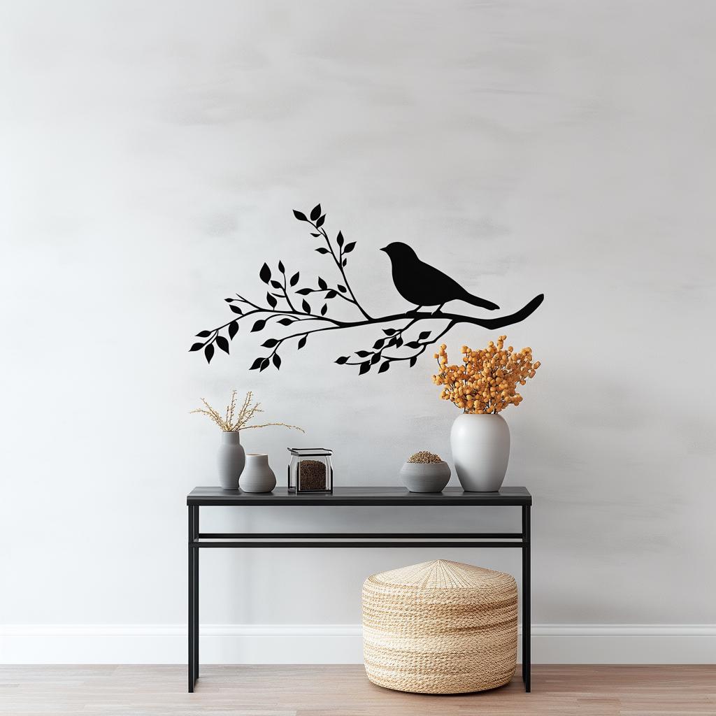 Elegant bird silhouette on branch wall decal above a styled modern table with decorative vases.